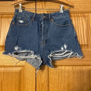 S.O.N.G High-Waisted Blue Jean MOM Shorts with Distressed Hem button fly SONG